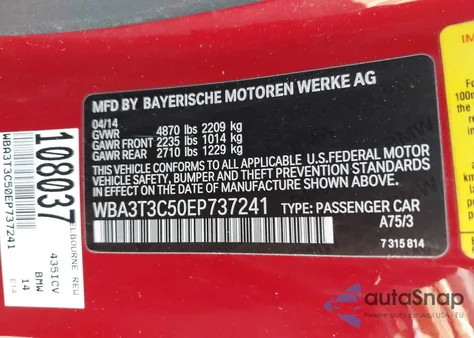 2014 BMW 435I из США, поврежденный, VIN WBA3T3C50EP737241